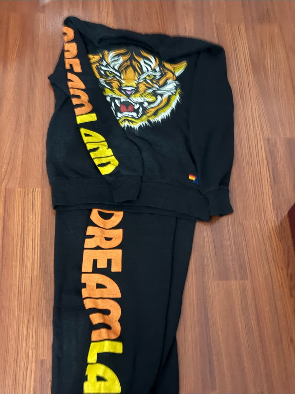 Aviator Nation Black Track Pants & Joggers with Yellow-Orange Tiger Graphic